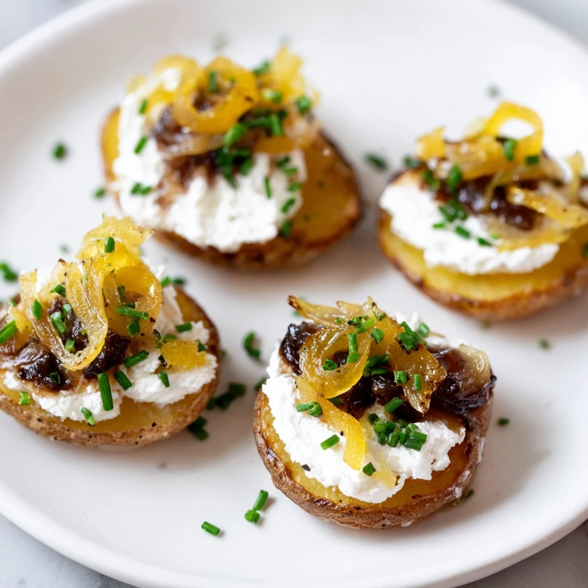 Warm, bite-sized portions of Lightened French Onion Potato Bites, perfect for parties, with rich French onion taste.