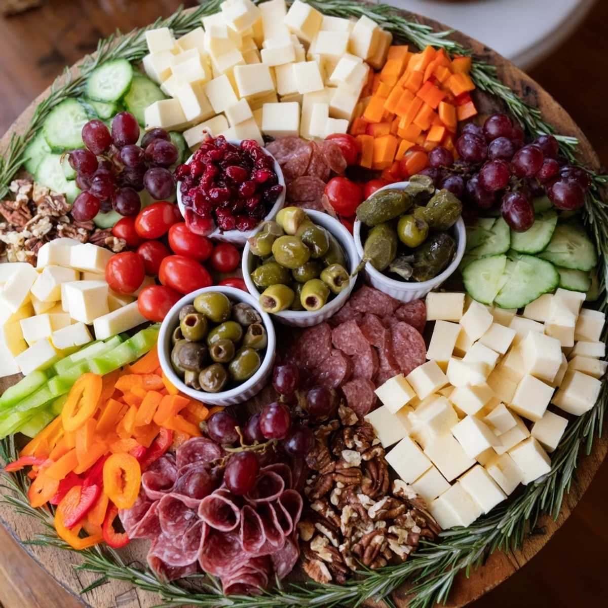 Simplified Grazing Board Wreath, a colorful and delicious appetizer arranged in a holiday wreath.