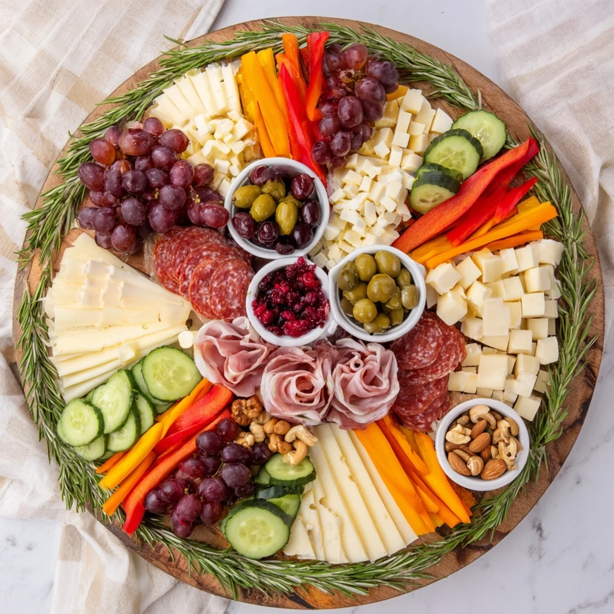 Beautiful array of cheese and meats: this Simplified Grazing Board Wreath welcomes hungry guests to the party.