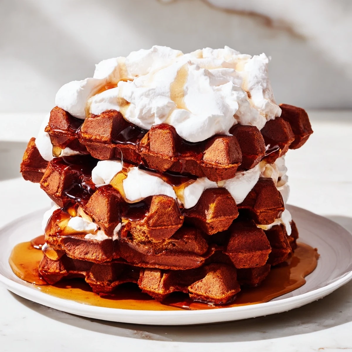 Fluffy, golden brown Express Gingerbread Waffle Stacks, ready for a delightful and cozy weekend breakfast or dessert.