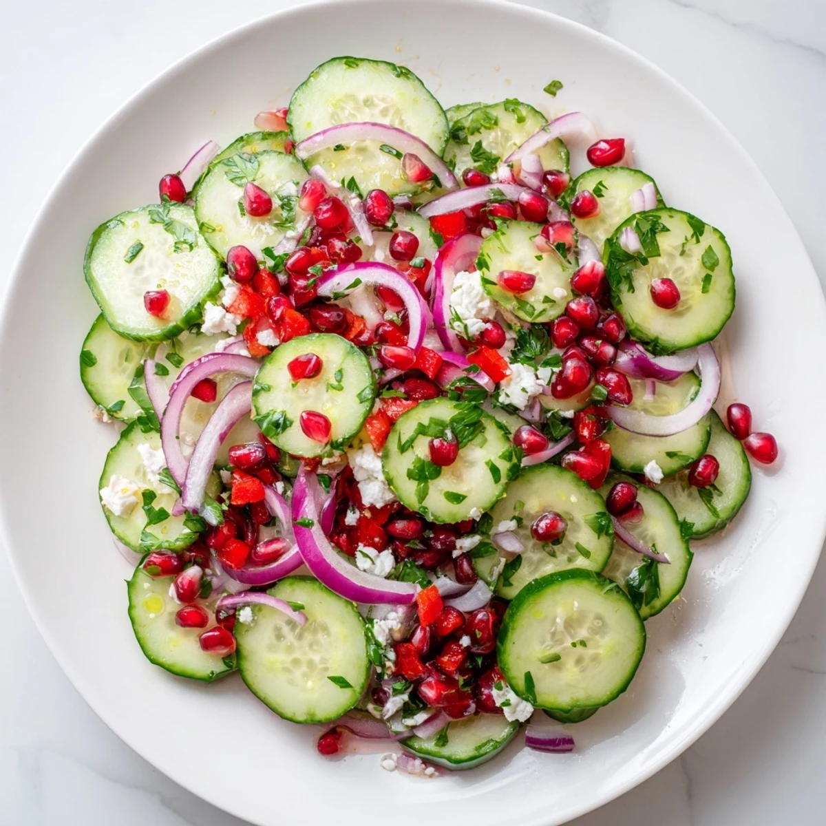 A colorful bowl of Healthy Cucumber Christmas Salad, a festive and appealing vegetarian dish for the holidays.