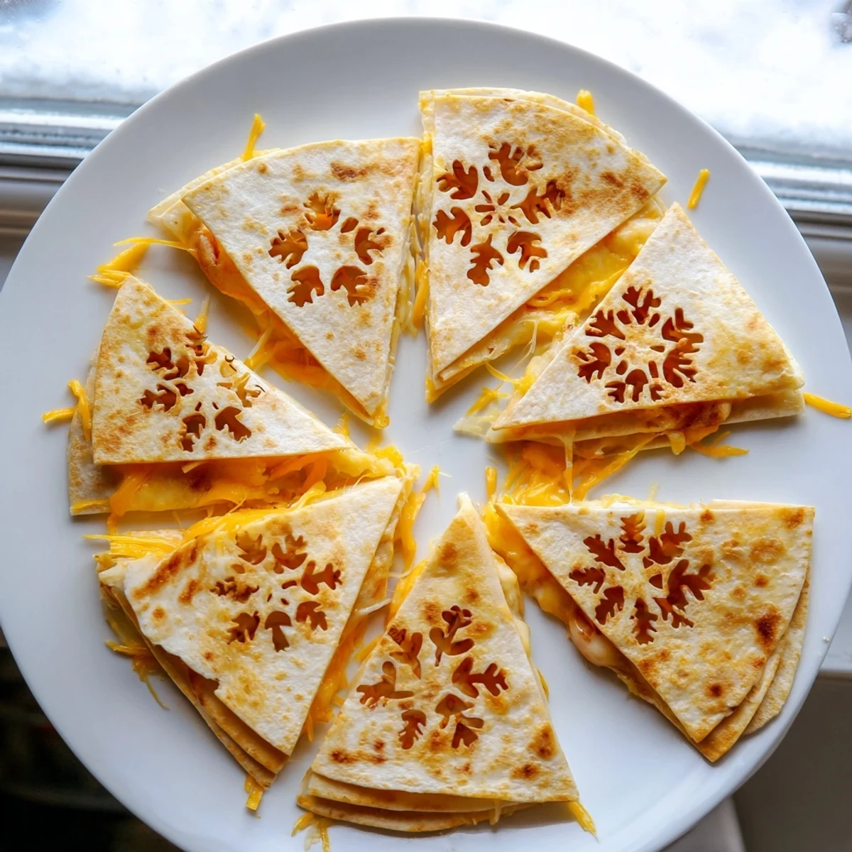 Golden-brown Express Snowflake Quesadillas, a fun-shaped, cheesy snack perfect for sharing.
