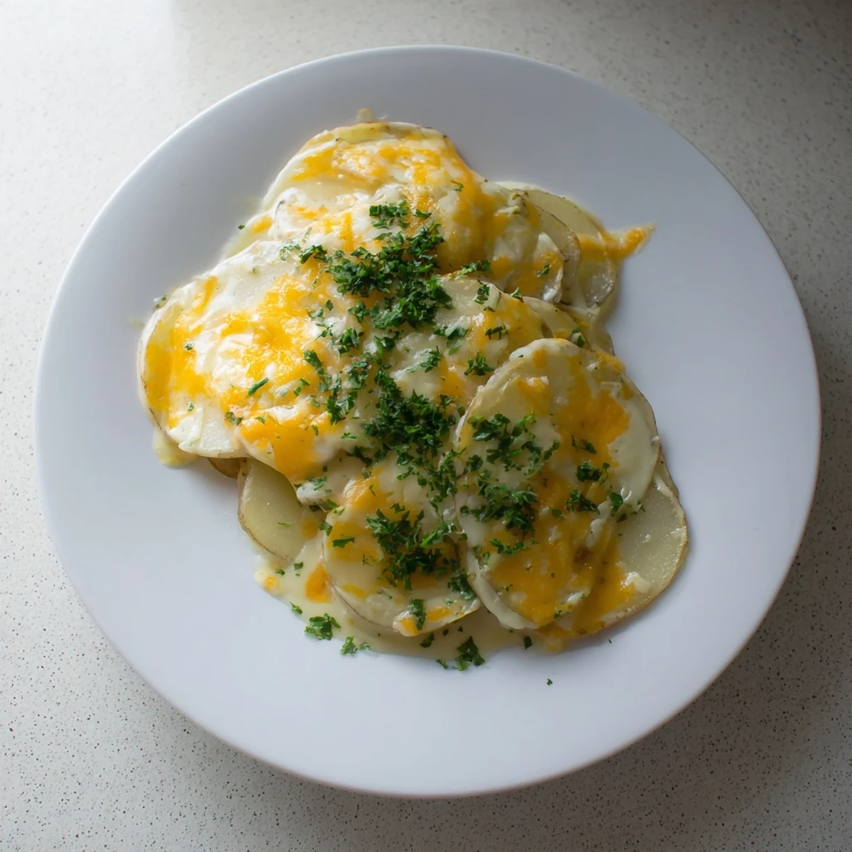 Close-up of a bubbling Budget-Friendly Potato Layer Bake, ready to serve with fresh parsley garnish.