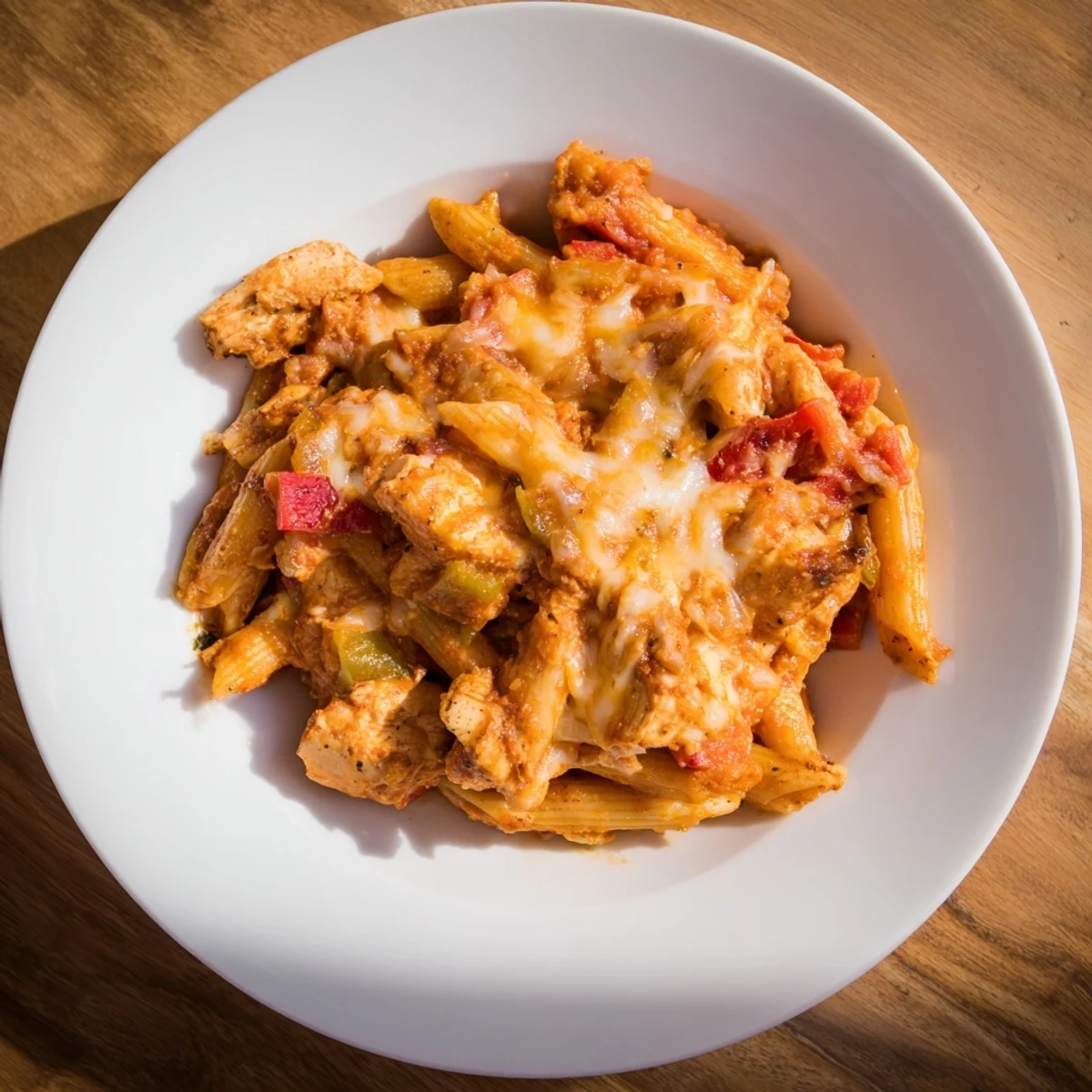 Baked Salsa Chicken Pasta, bubbly and golden, ready to serve with melted cheese and fresh cilantro.