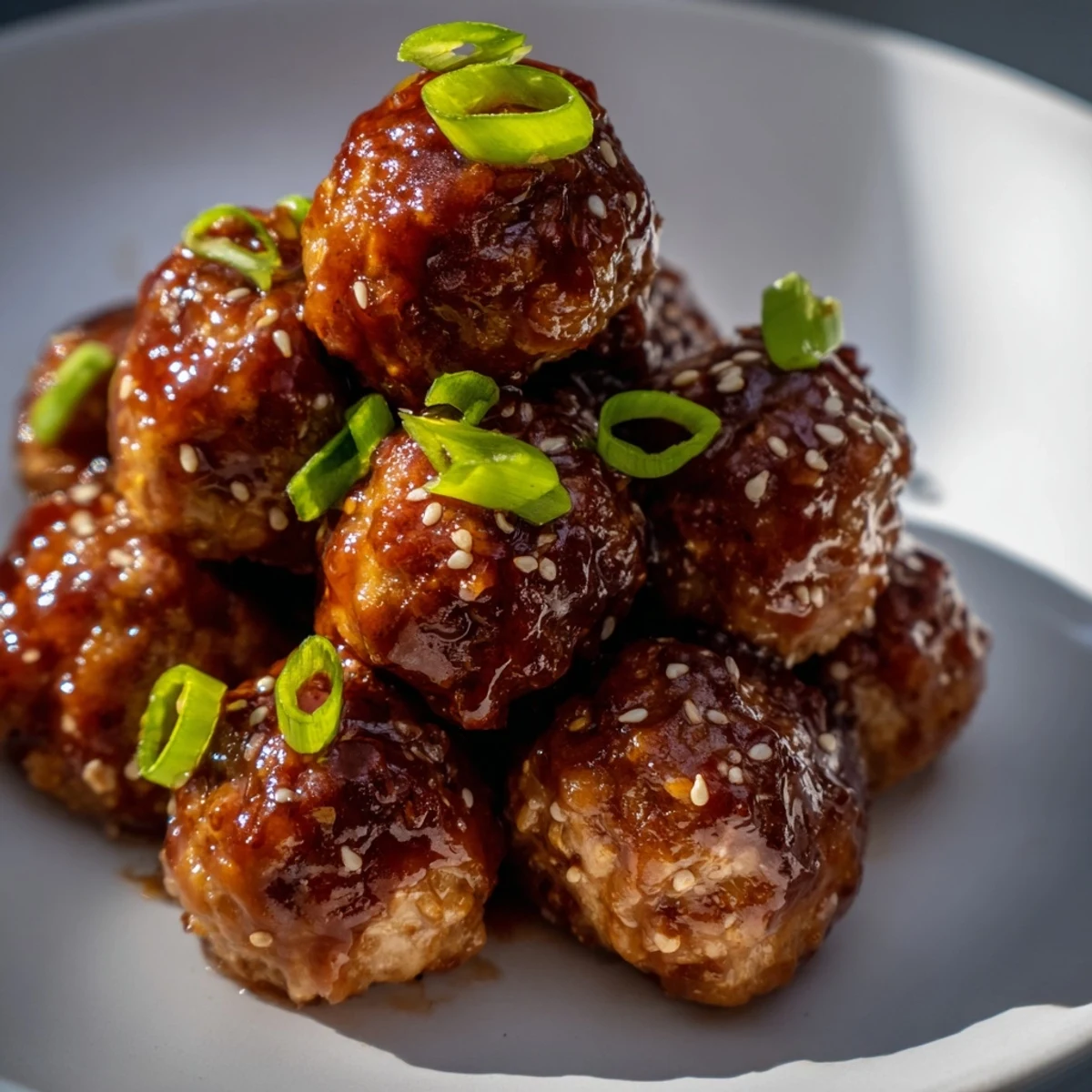 A delicious plate of Spicy Honey-Glazed Chicken Meatballs, garnished and ready for a savory meal.