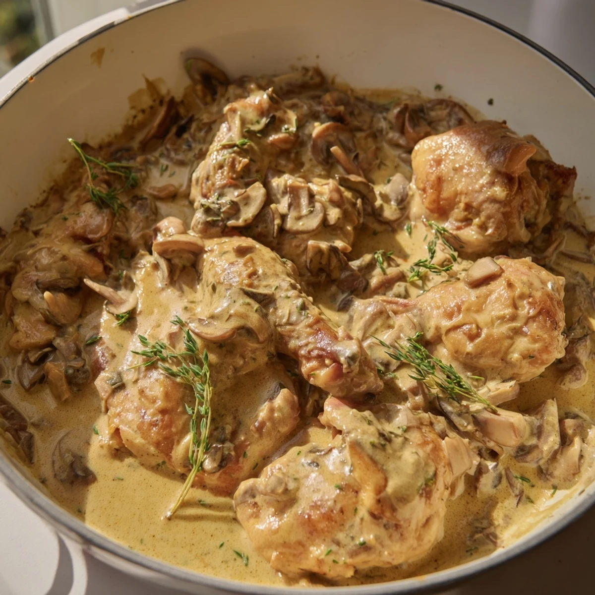 Golden-brown Tarragon Chicken & Mushroom Skillet, a creamy one-pan dinner with fresh tarragon sprigs.