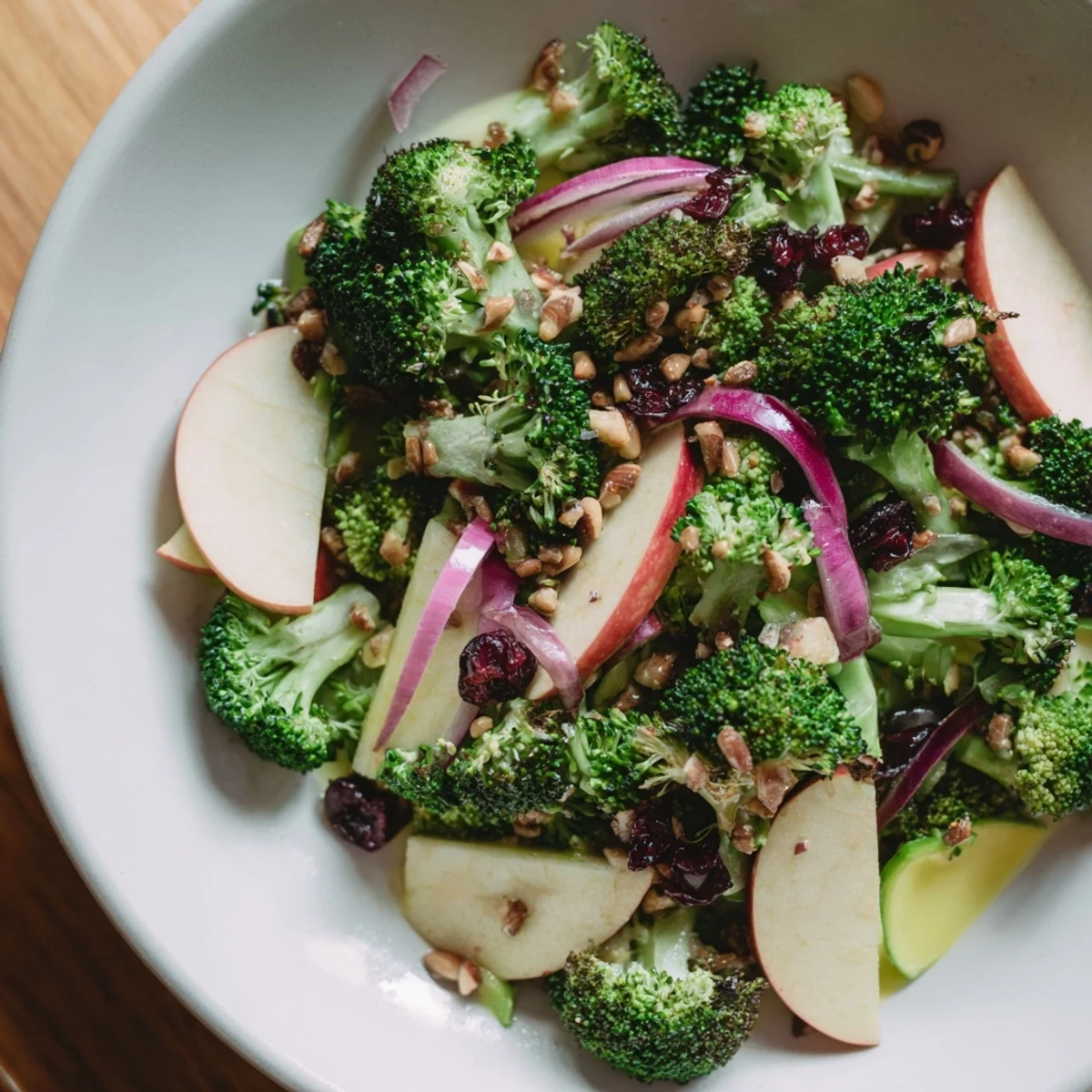 Freshly tossed Broccoli and Apple Hot Girl Salad, a vegetarian meal, showcasing colorful ingredients and textures.