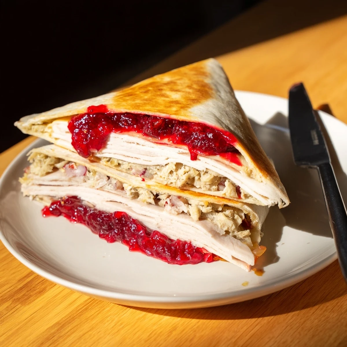Melted cheese spills from this plated Turkey, Stuffing & Cranberry Leftovers Tortilla Wrap.