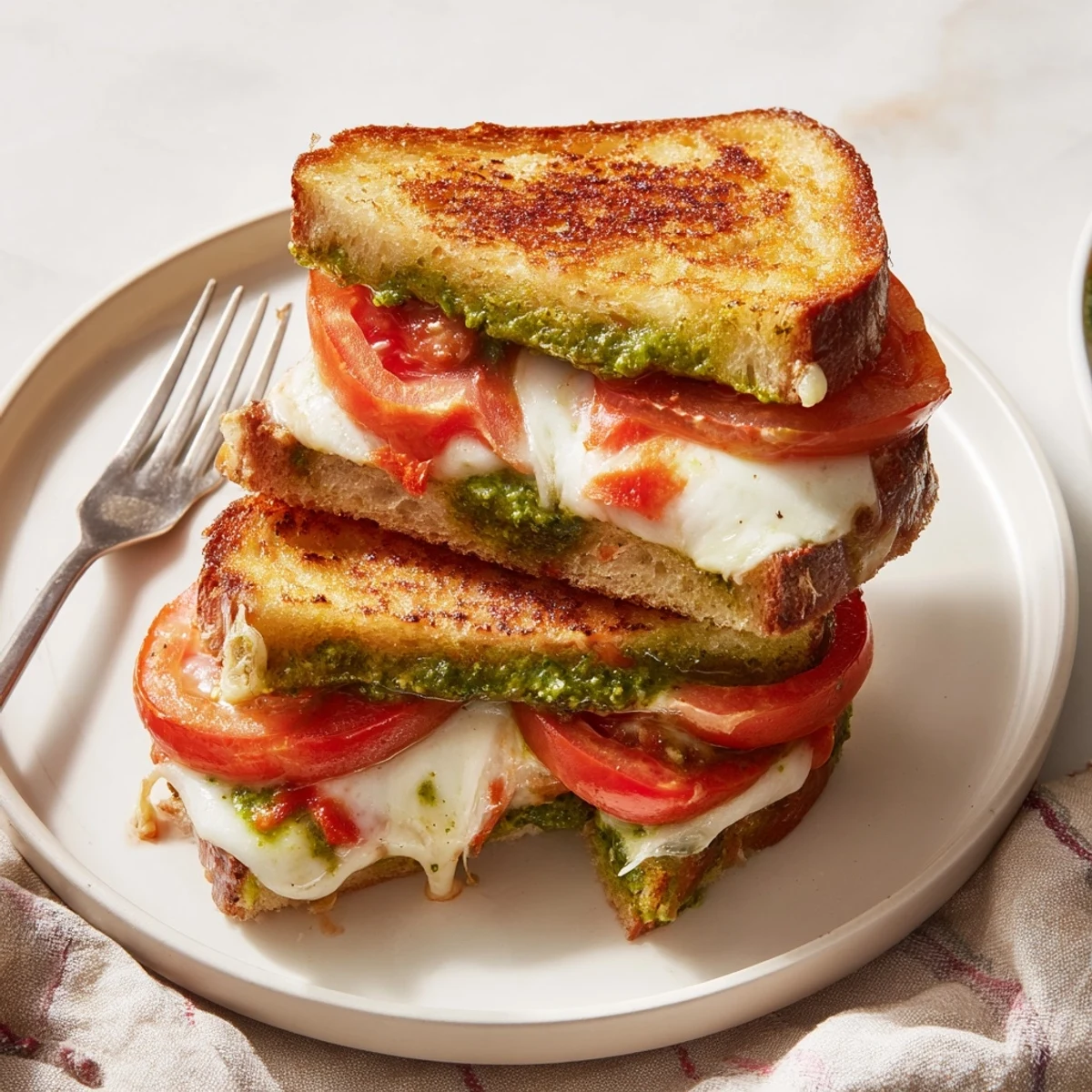 Golden-brown Caprese Pesto Panini-Style Grilled Cheese, oozing melted mozzarella and ripe tomato slices.
