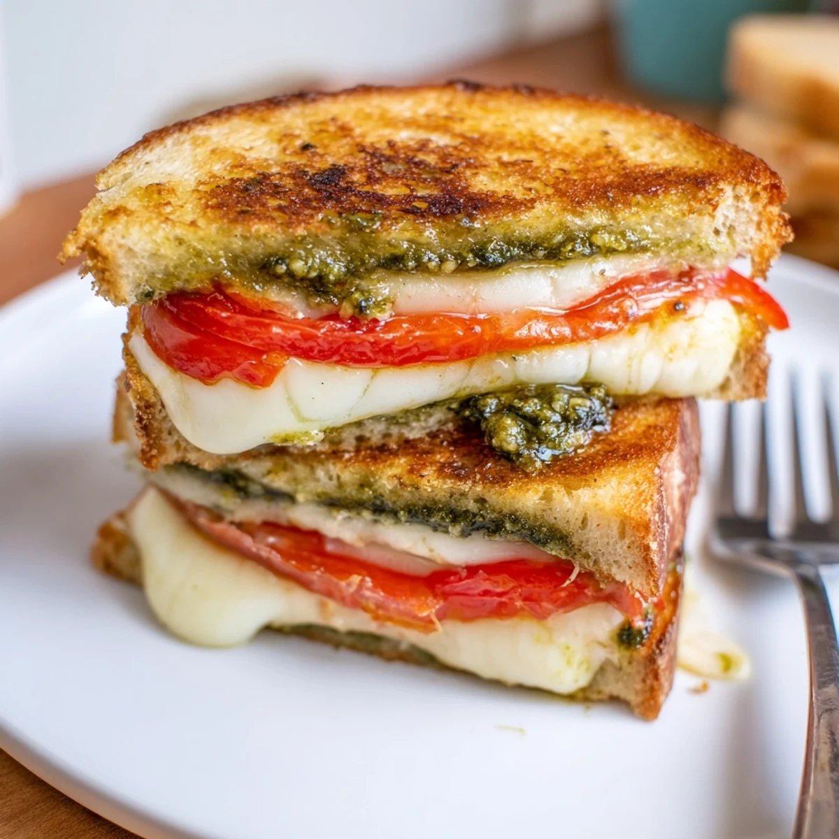 Crispy, buttery bread surrounding fresh pesto and mozzarella in the flavorful Caprese Pesto Panini-Style Grilled Cheese.