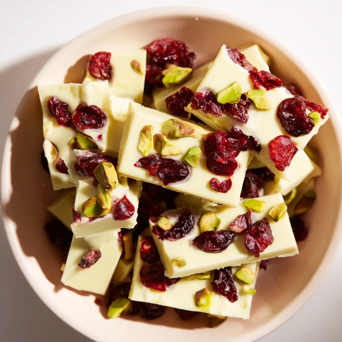 Sweet and creamy clusters of Matcha White Chocolate Cranberry Bark, ideal for a gluten-free dessert option.