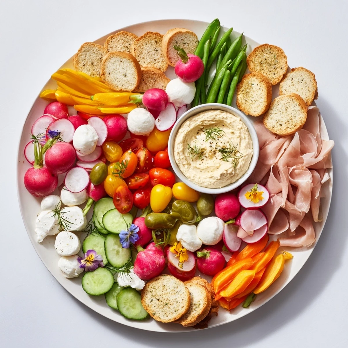 Fresh Spring Wreath Appetizer Platter, vibrant with colorful vegetables, cheeses, and dips, ready to serve.