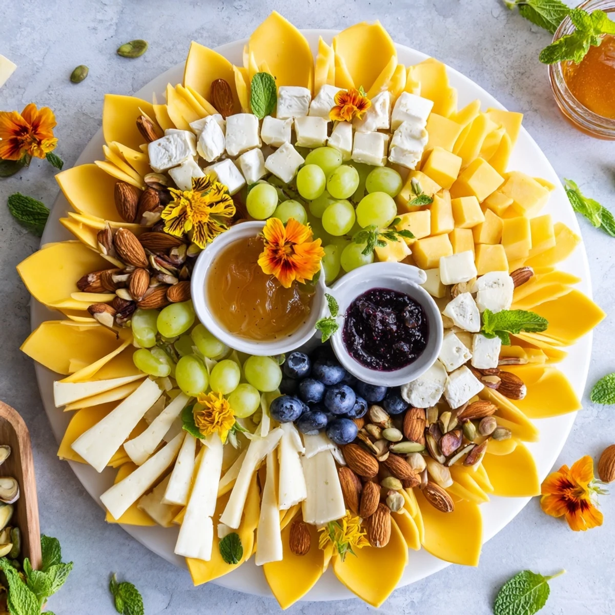 A stunning Daffodil Cheese Board overflowing with creamy cheeses, fresh fruit and various crunchy crackers.