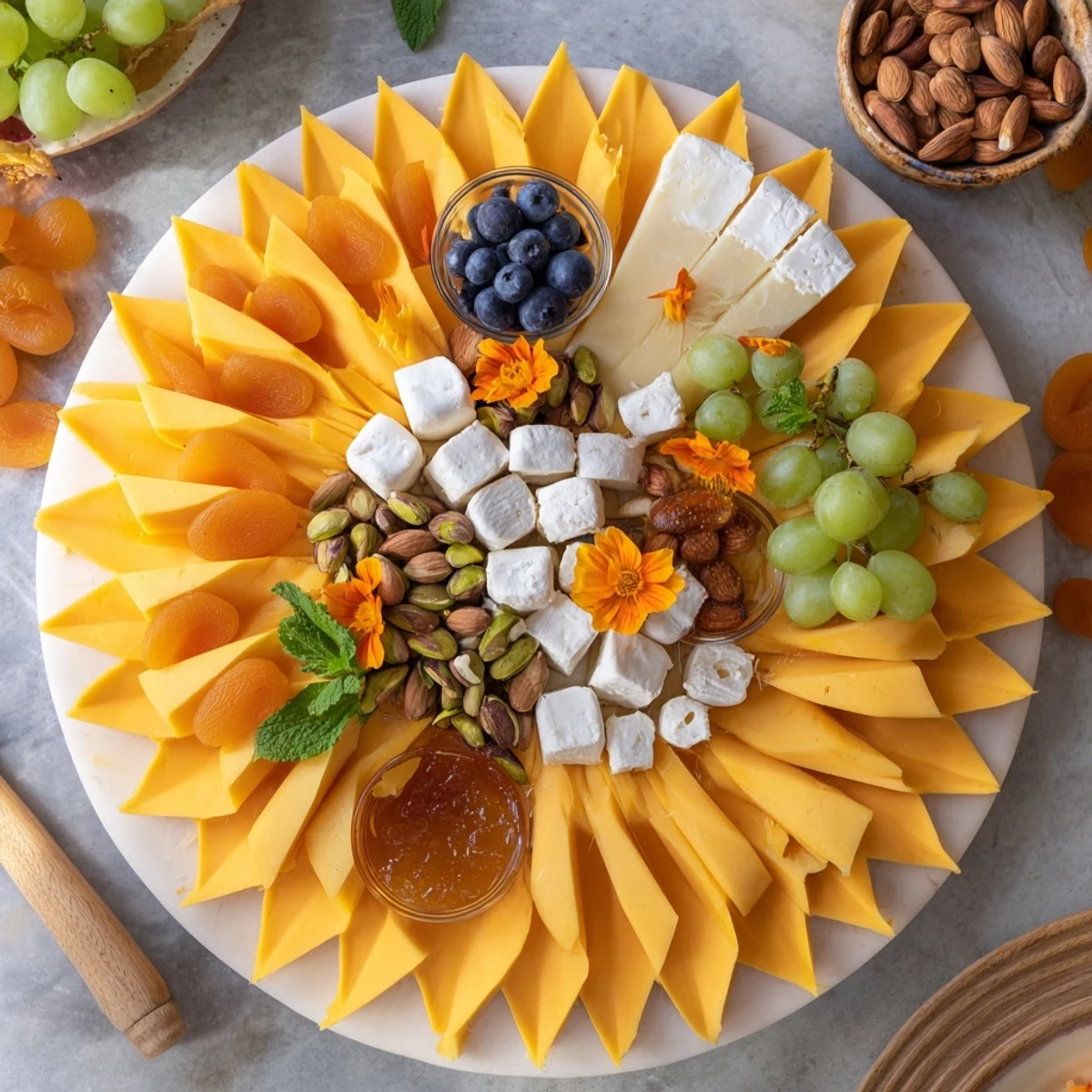 Taste the delightful flavors of this Daffodil Cheese Board, with cheddar "petals" and goat cheese center, ready to enjoy.