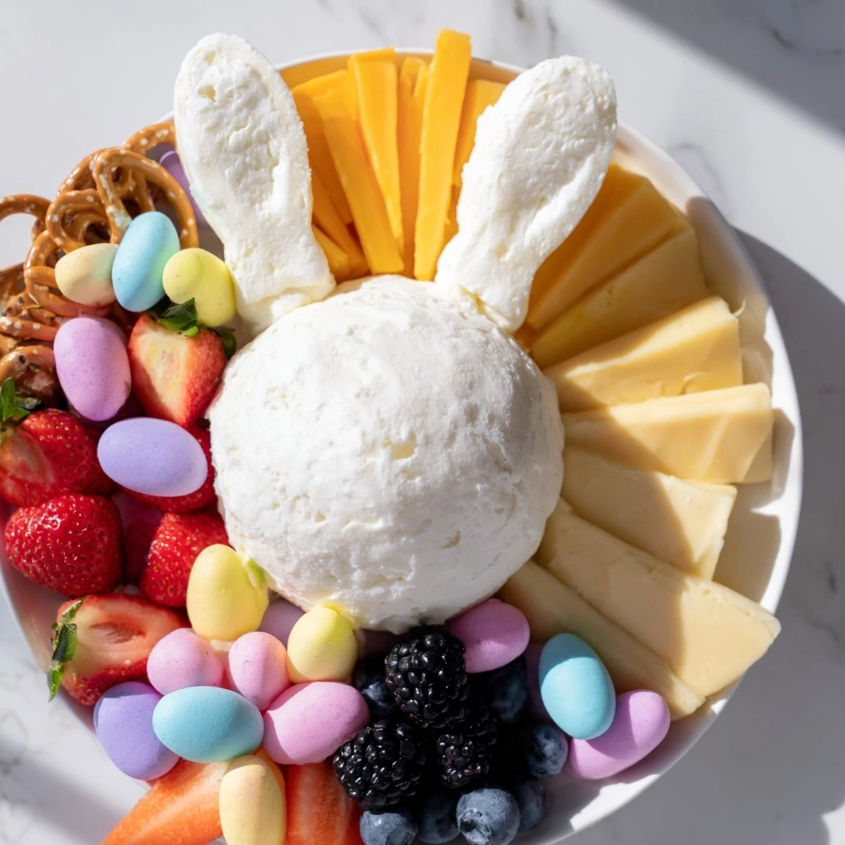 Bunny Ears Easter Board: a vibrantly colored charcuterie board overflowing with fresh fruits and cheeses.