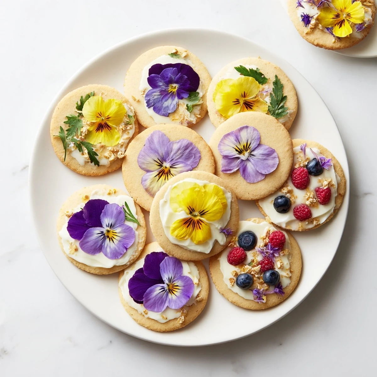 Vibrant Spring Flower Dessert Tray features shortbread, mini cakes, and parfaits, a beautiful visual delight.