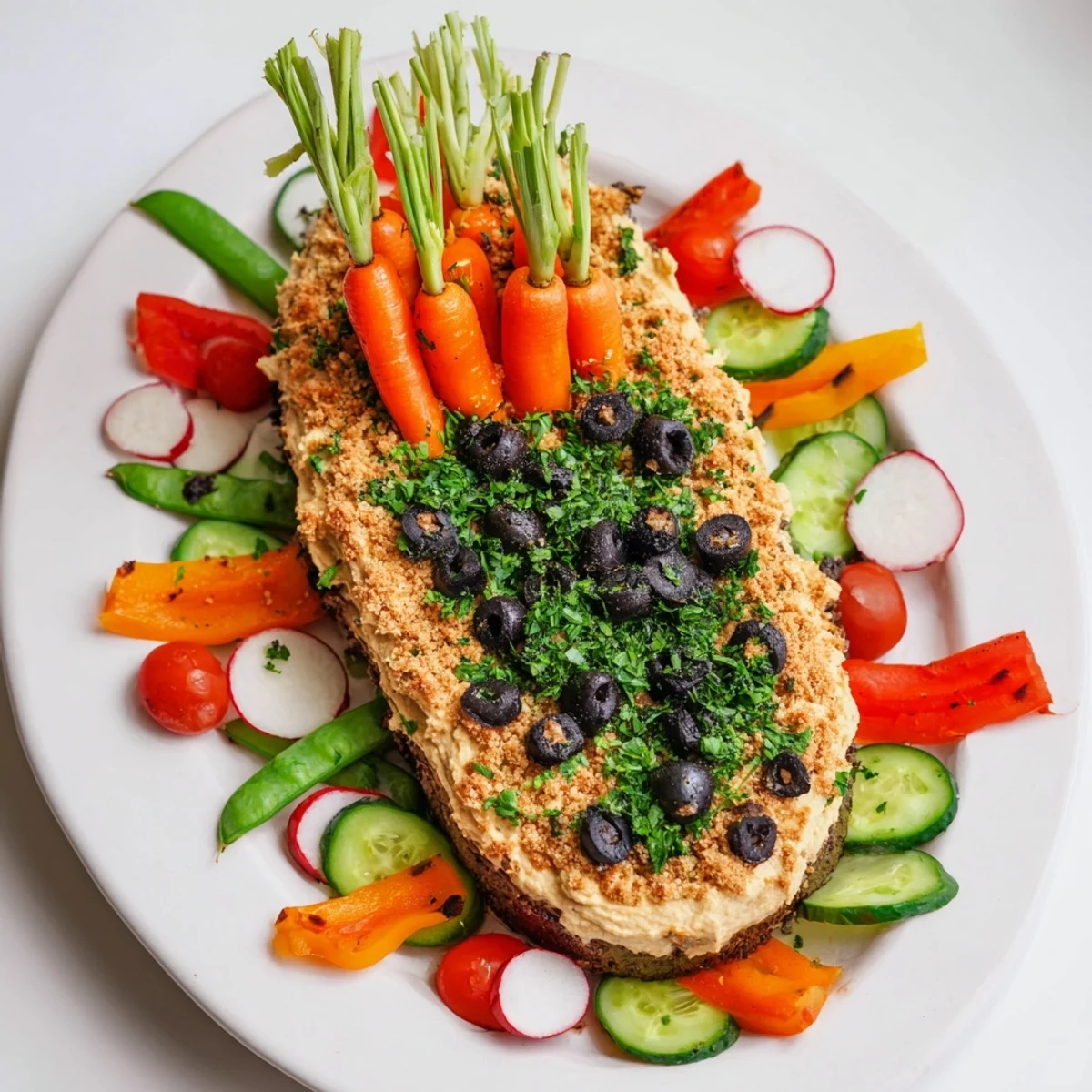 This springtime Carrot Patch Veggie Board appetizer showcases colorful vegetables artistically arranged in a garden scene.