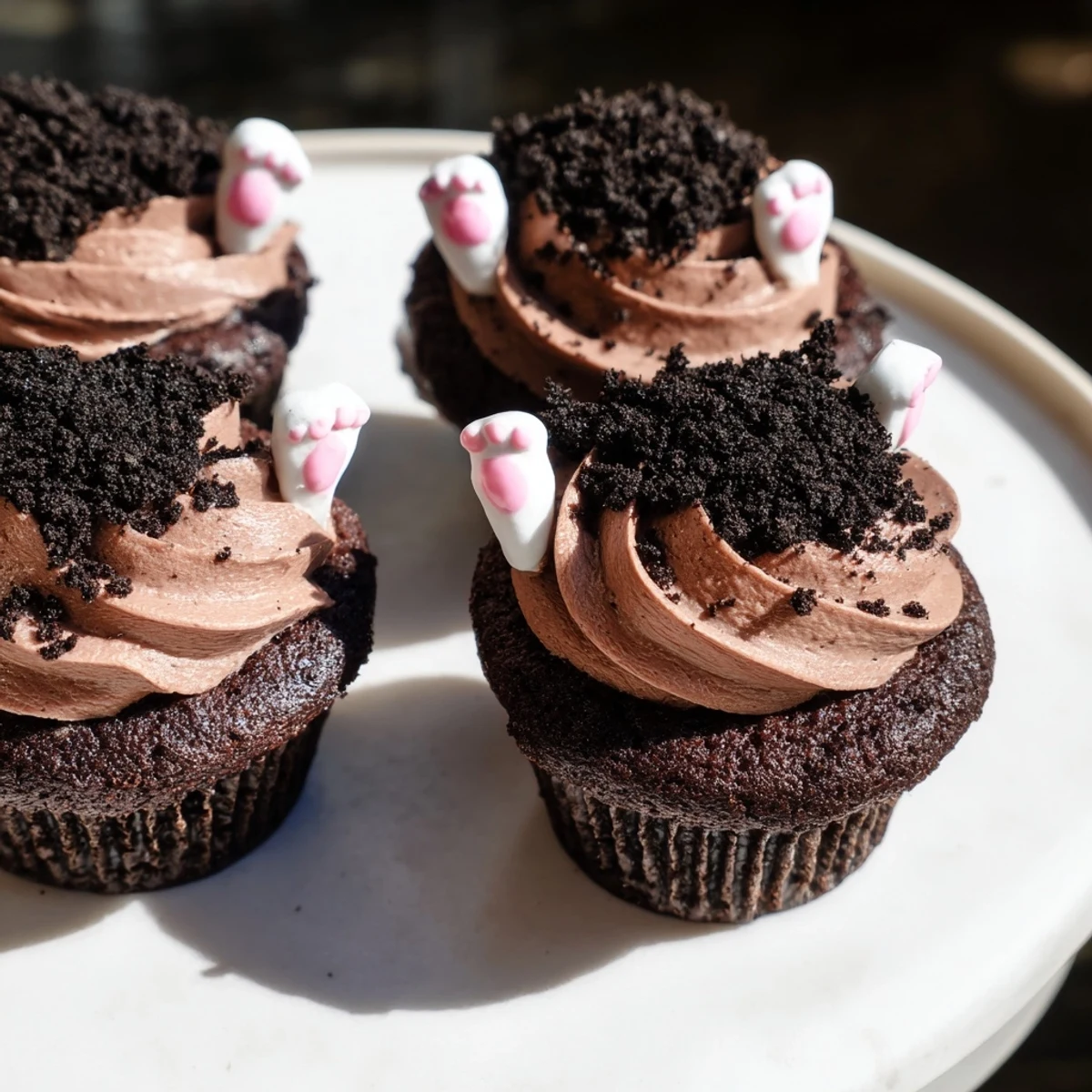 These whimsical Bunny Burrow Cupcake Tray desserts show playful fondant bunny feet peeking from "earthy" chocolate cupcakes.