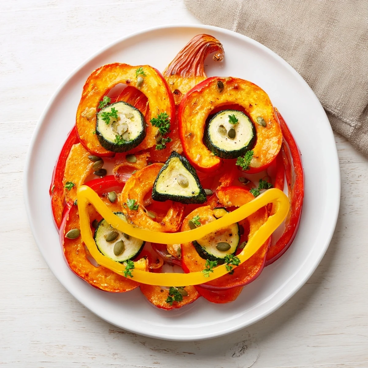 Golden roasted pumpkin slices form a cheerful face in this festive Pumpkin Lantern Halloween plate.