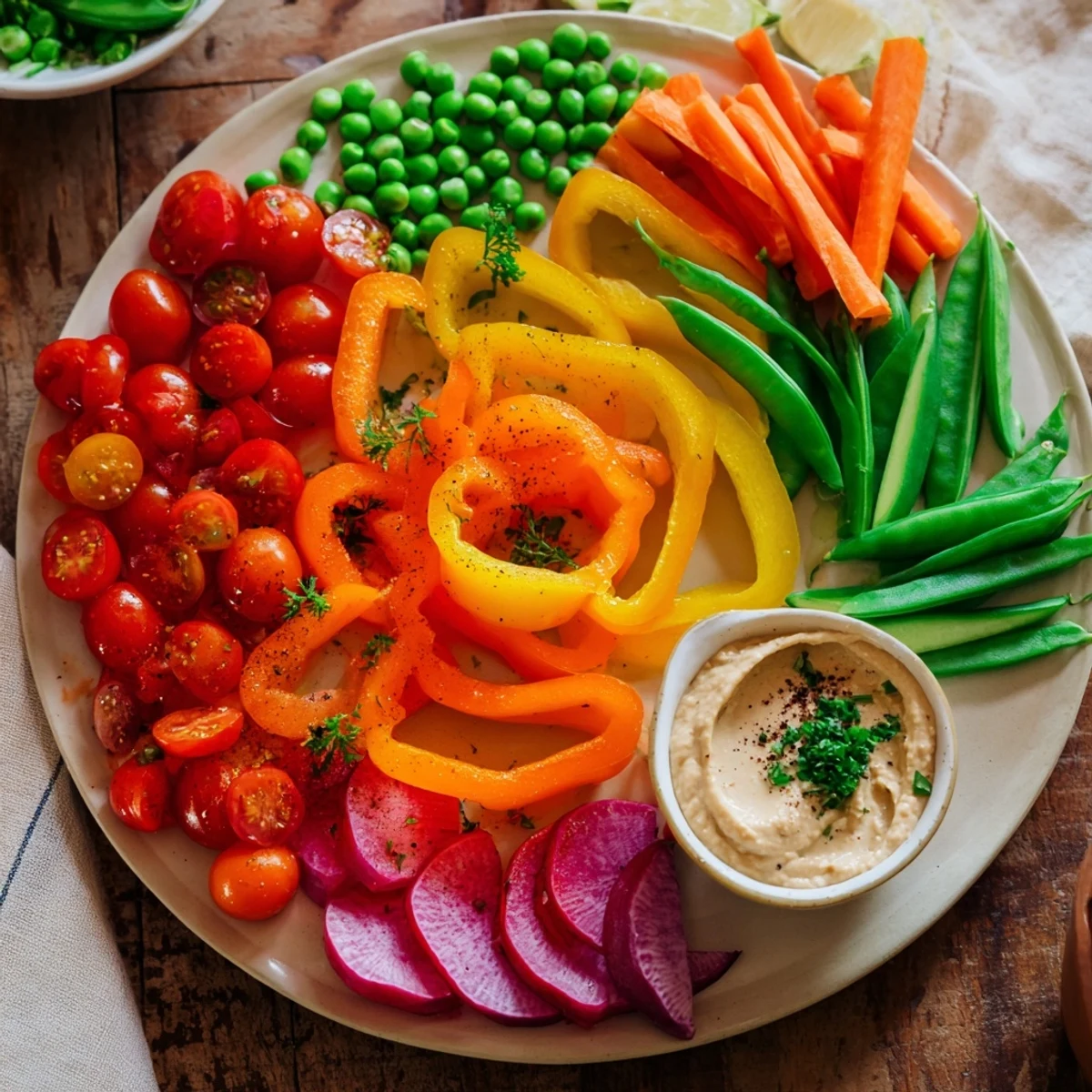 A delicious spread of colorful vegetables and homemade dips, ready to enjoy this Rainbow Vegetable Dips recipe.