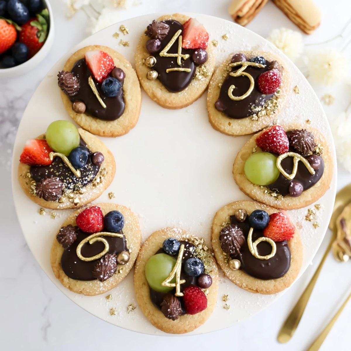 Sparkling Clock Countdown Platter arranged with cookies and fruits, ready for New Year's Eve, decadent dessert.