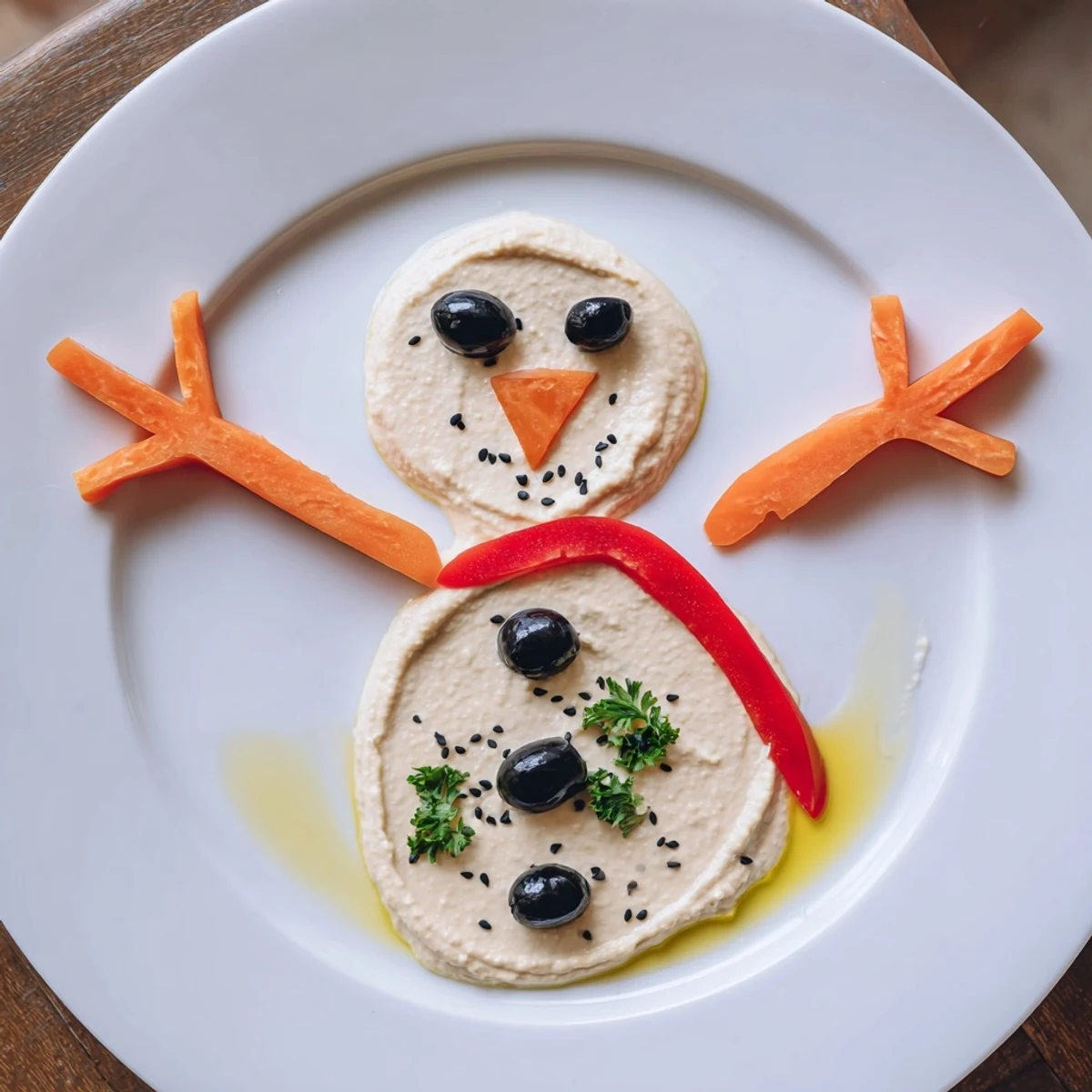 Melted snowman hummus platter, a festive appetizer with carrot nose, olive eyes, and red pepper scarf.