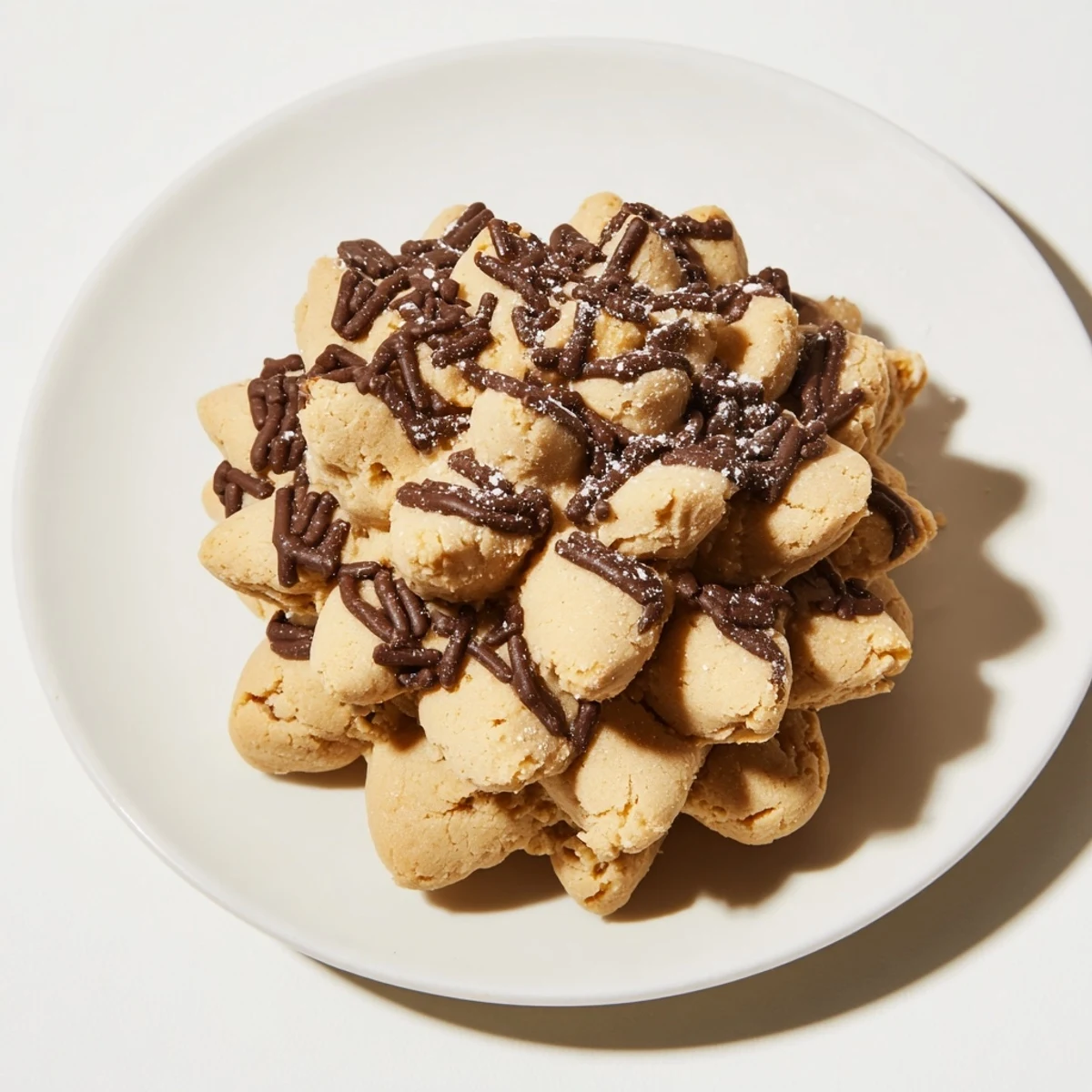 Delicious pinecone shaped peanut butter cookies with almond scales, freshly baked, offering a rich peanut butter aroma.