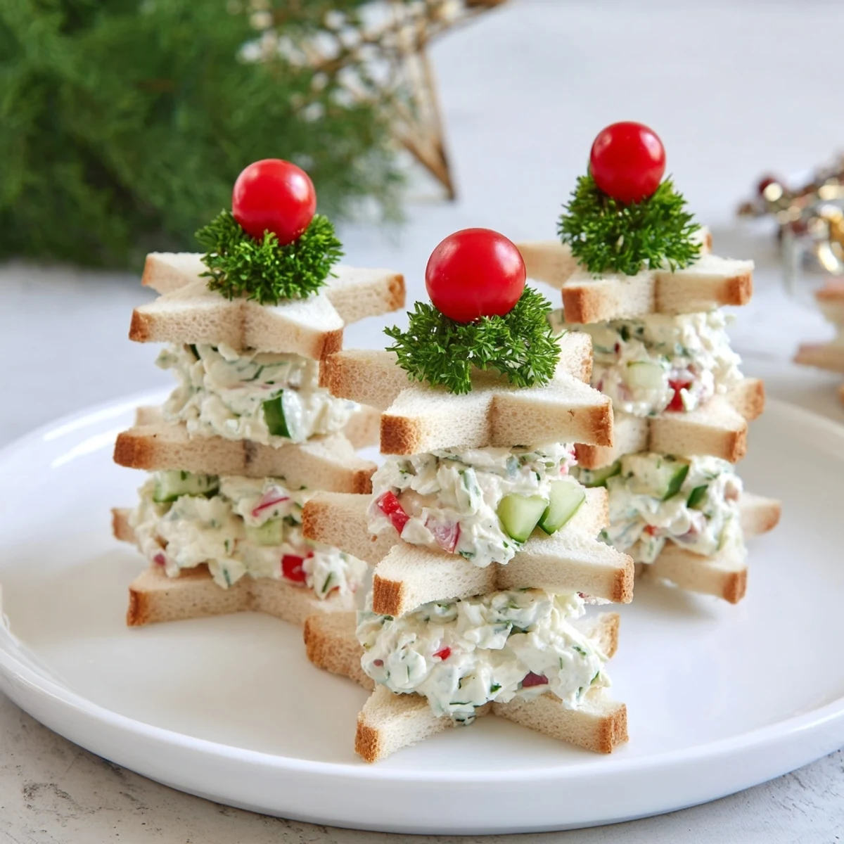 Delicious Stacked Star Christmas Tree Sandwiches, with vibrant fillings, perfect for a cozy Christmas appetizer platter.