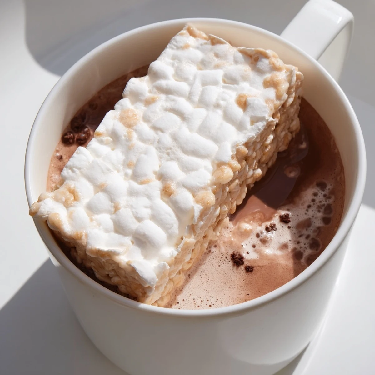 Steaming mug of hot chocolate with a Cozy Bear Marshmallow Bar melting on top; a winter treat.