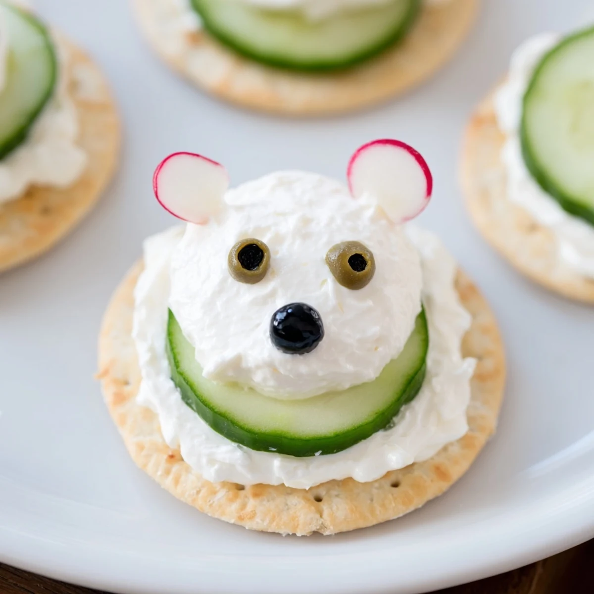 Crisp crackers topped with creamy Polar Bear Iceberg Cracker Stacks, a delightful, easy appetizer for guests.