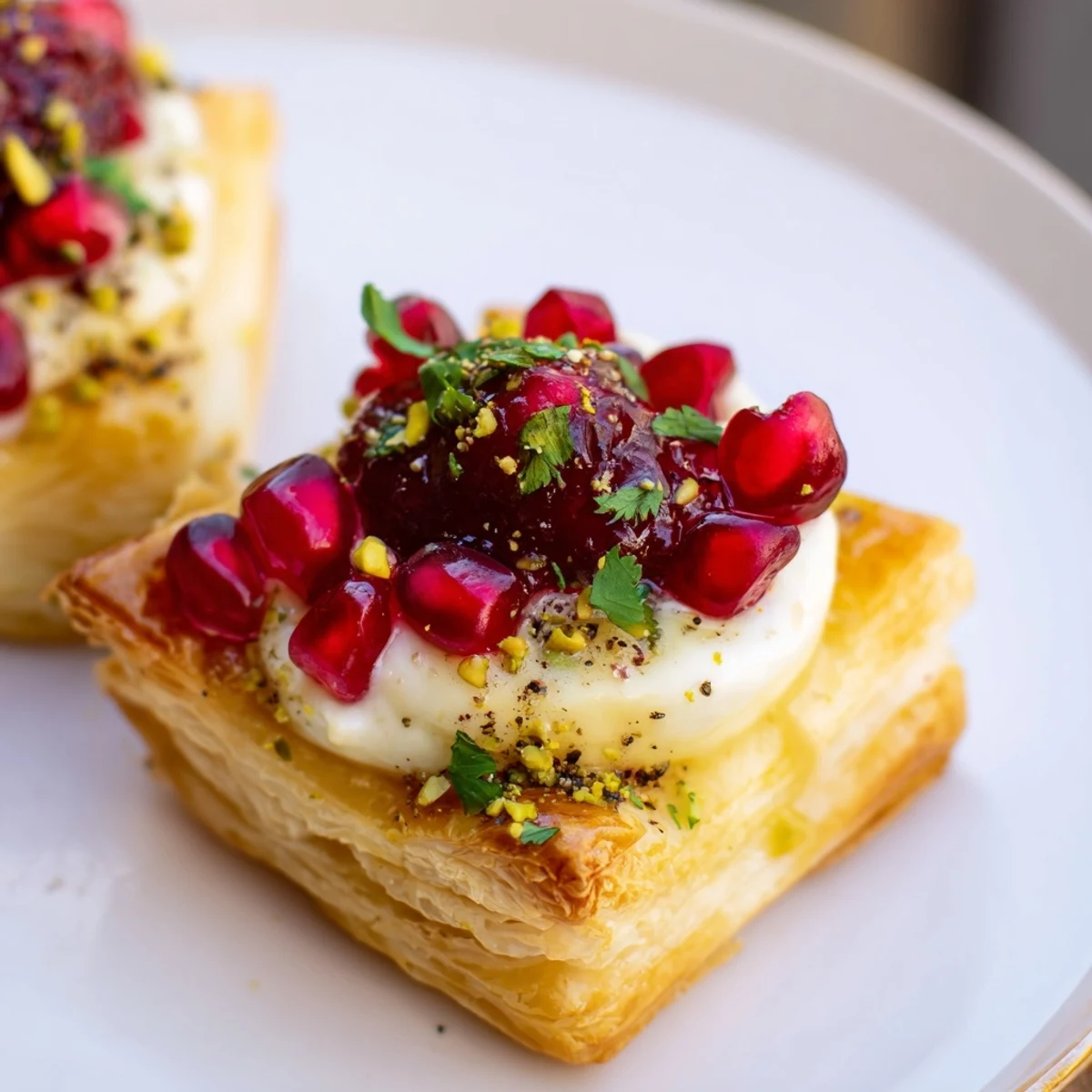 Golden puff pastry Fireworks Brie Tartlets, oozing melted Brie, and topped with vibrant pomegranate seeds.