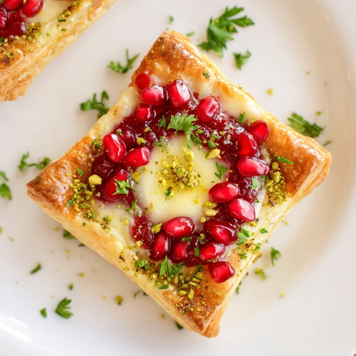 Warm, appetizing shot of freshly baked Fireworks Brie Tartlets, bursting with fruity preserves and herbs.