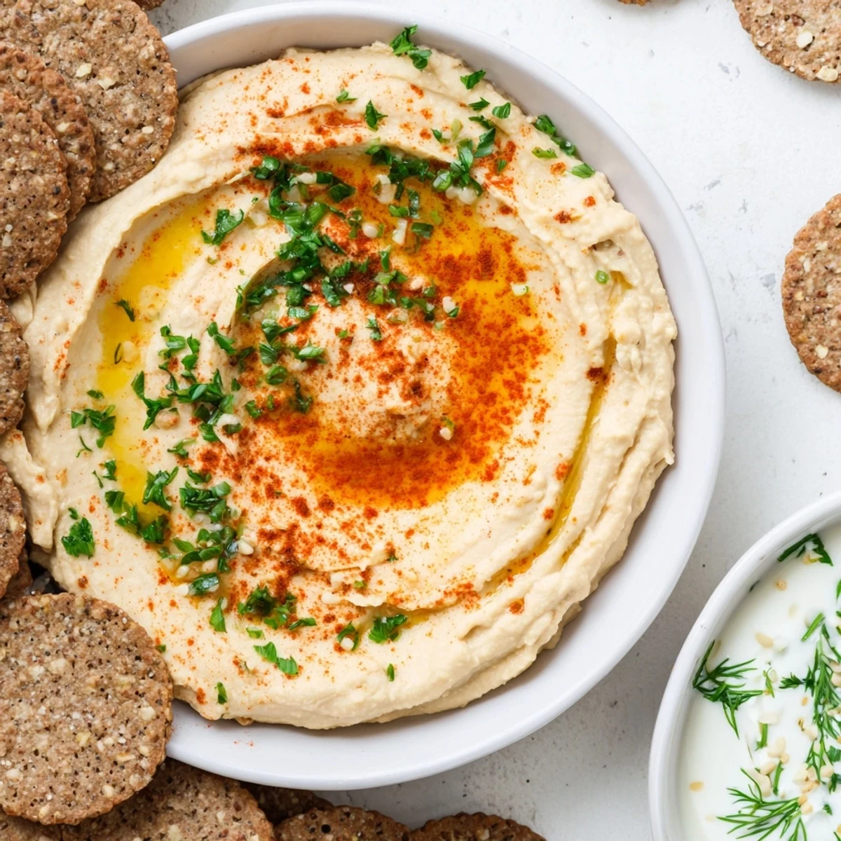 Vibrant photo of Easy Dips: creamy hummus and yogurt dip nestled next to each other, with crackers in between.