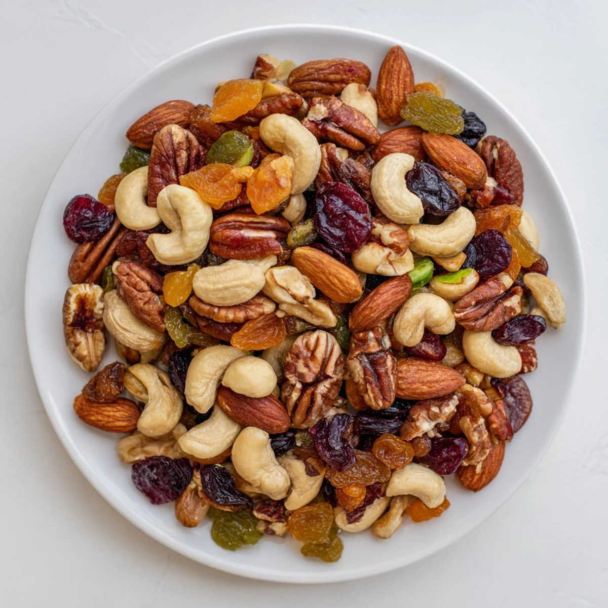 Vibrant photo captures the satisfying texture and taste of delicious homemade Easy Party: Assorted Nuts and Dried Fruit Pile.
