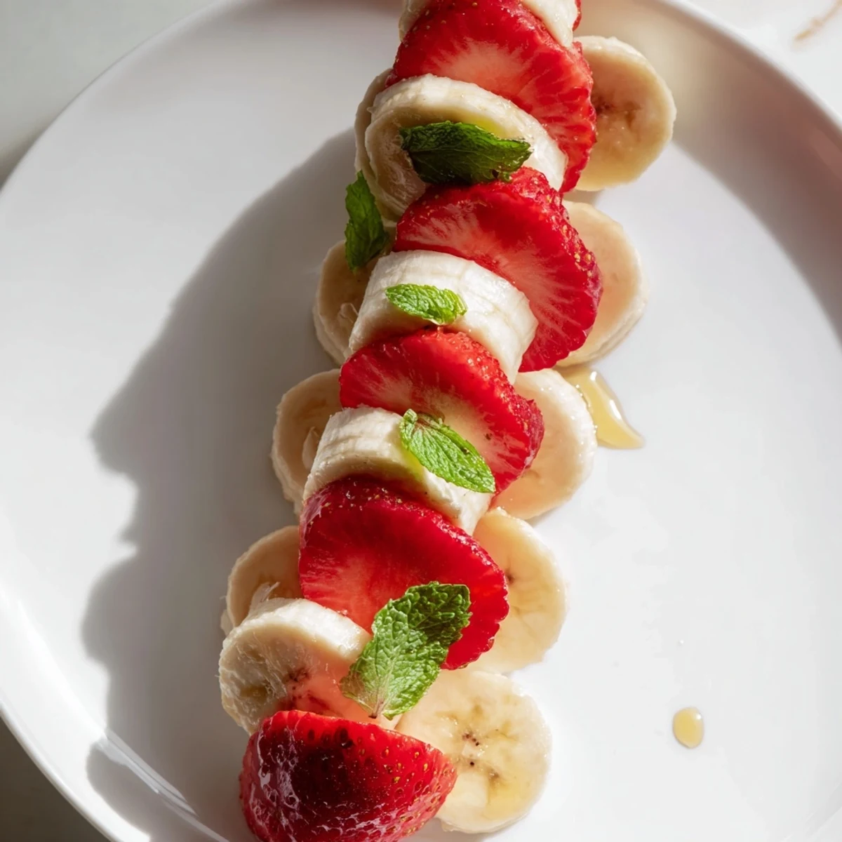 Freshly sliced bananas and strawberries artistically form a sweet, refreshing candy cane displayed on a plate.