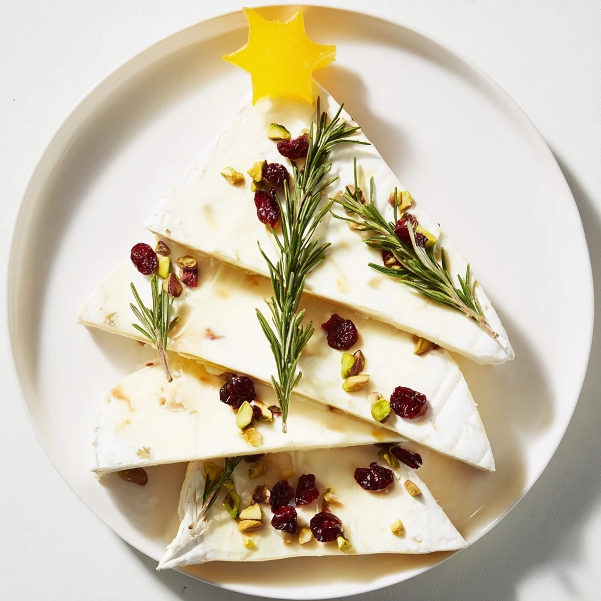 Creamy Brie Triangle Cheese Tree appetizer, adorned with cranberries and rosemary, ready for holiday guests.