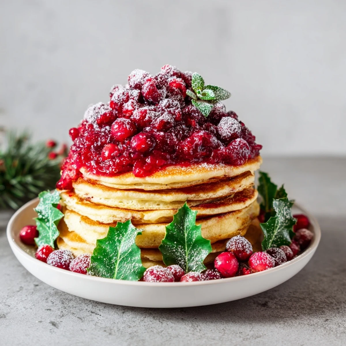 A visually stunning Brunch Board: Pancake Stack, drizzled with berry compote and mint, a delicious brunch idea.