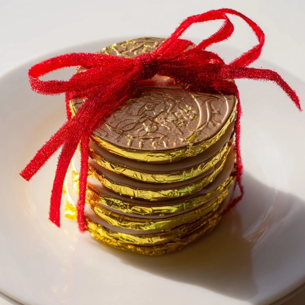 Stacked chocolate gold coins, tied with red ribbon, make an elegant party-ready dessert centerpiece.