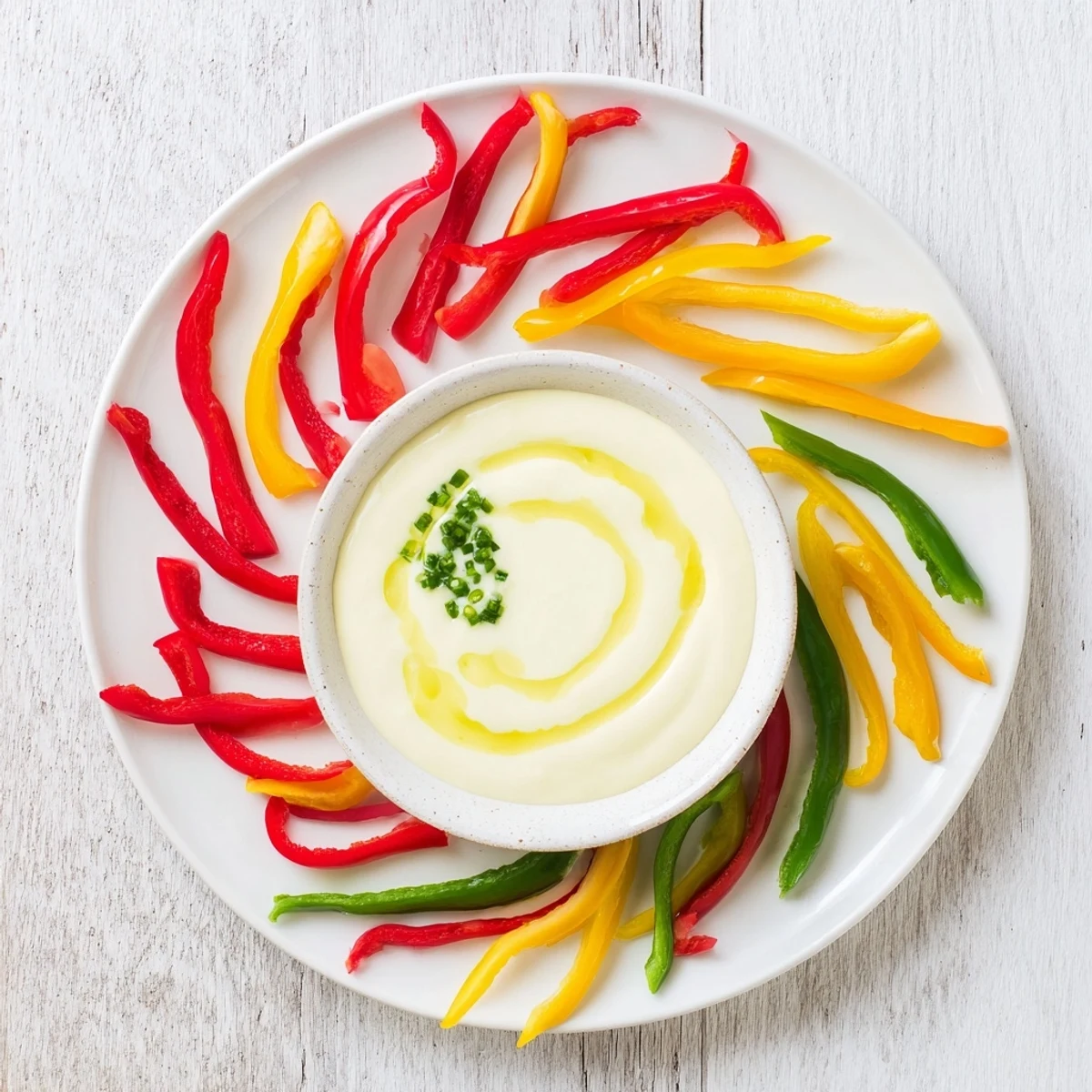 Crisp bell pepper strips surround creamy Greek yogurt dip, a refreshing snack.
