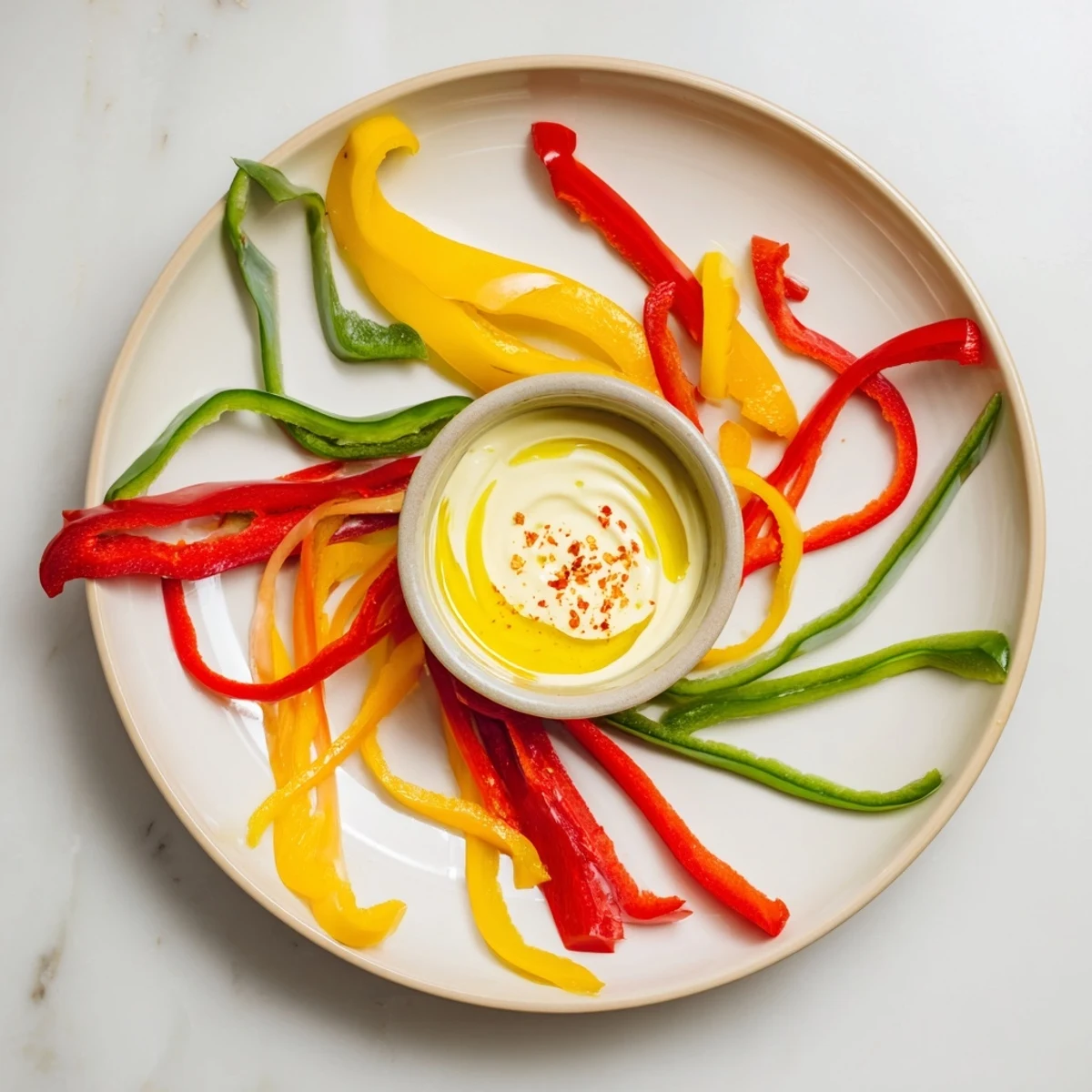 Vibrant red, yellow, and green bell pepper strips with herbed yogurt dip appetizer.