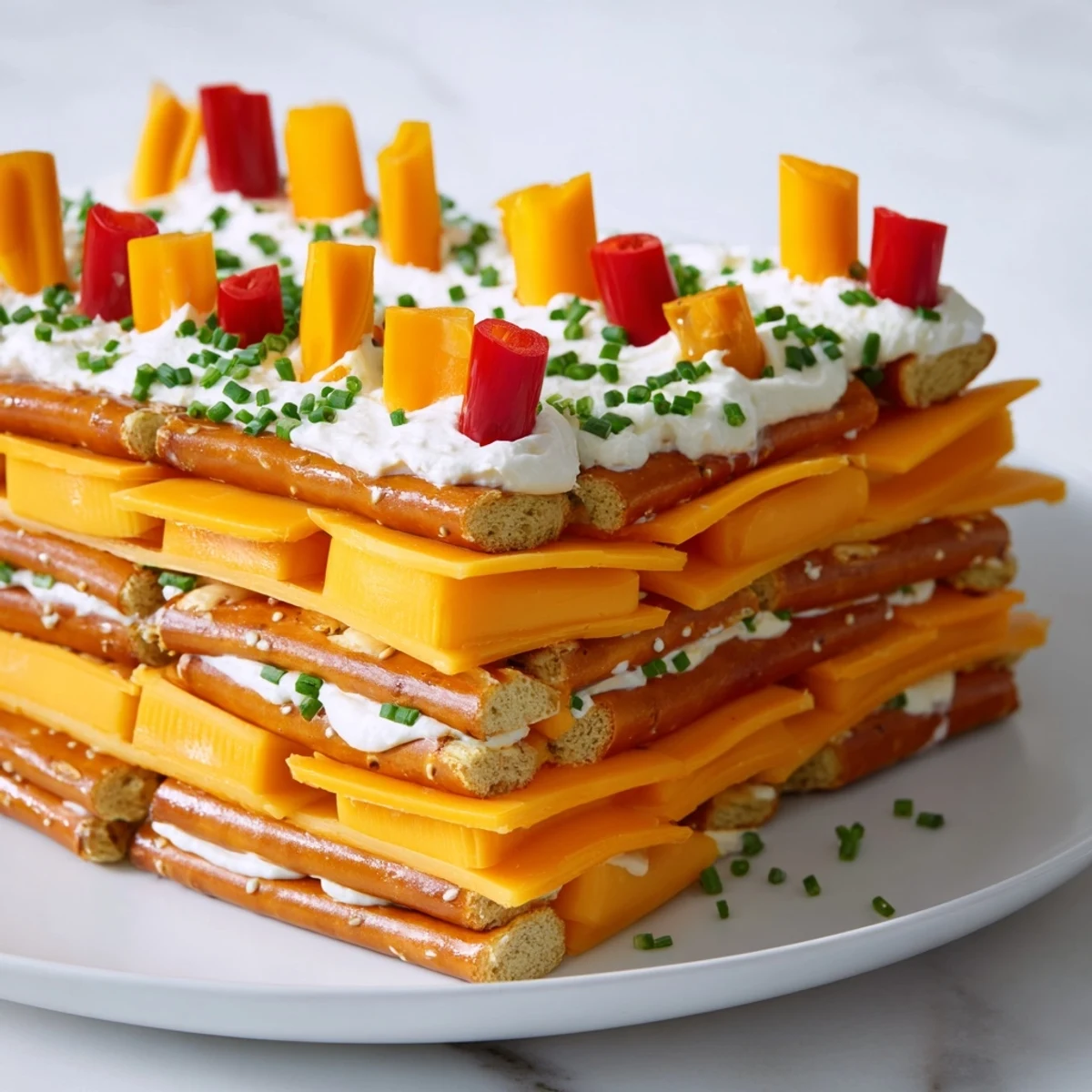 Delicious rustic Log Cabin appetizer, featuring layered pretzel logs with vibrant cheese for a party snack.