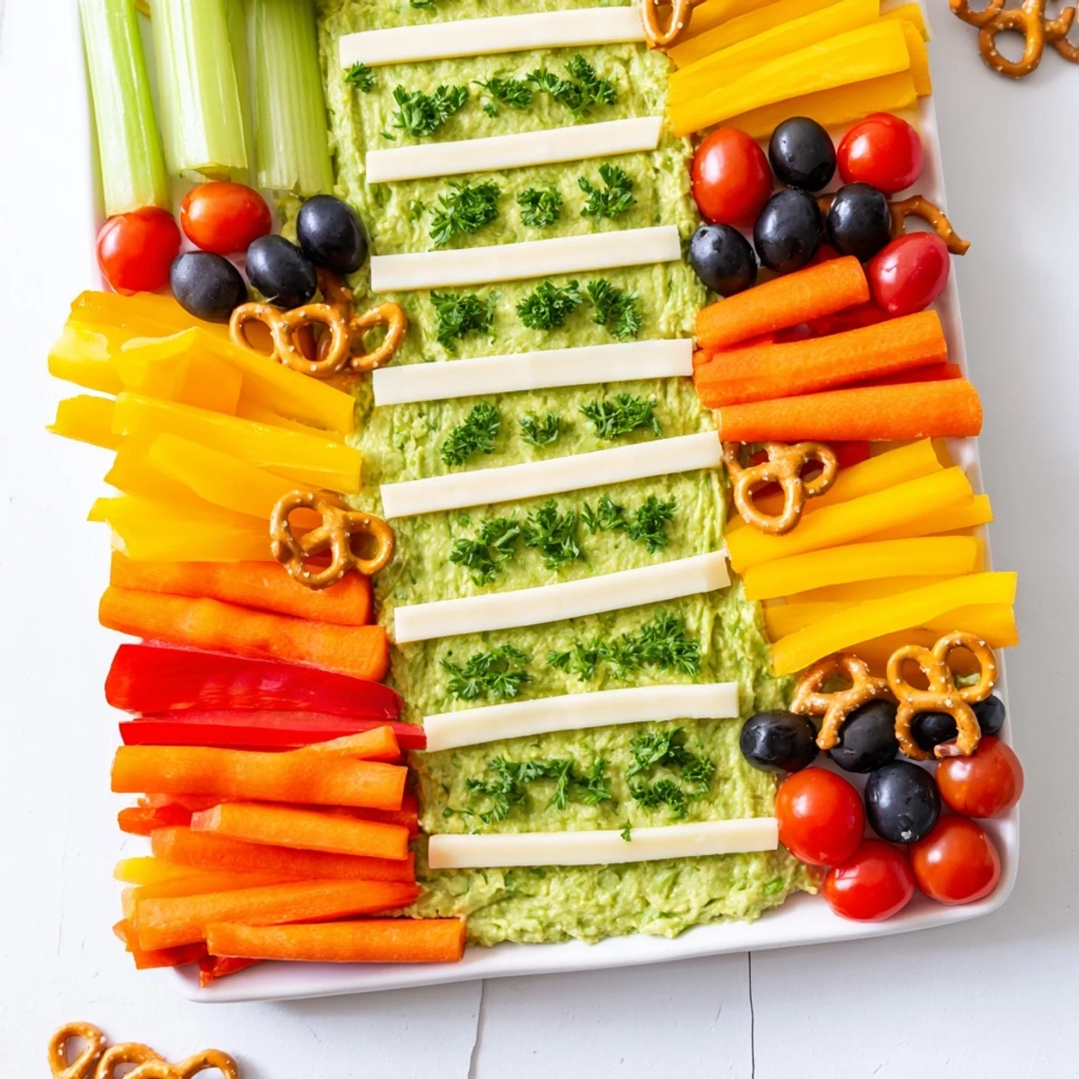 Festive Game Day Football Field Snack Board with vibrant green "turf" and tasty dippers.