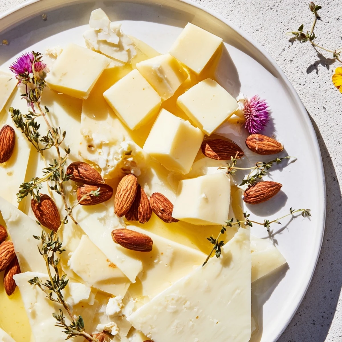 Honeycomb Hexagon Maze cheese platter, arranged for an elegant look with cheeses, nuts, and golden honey.
