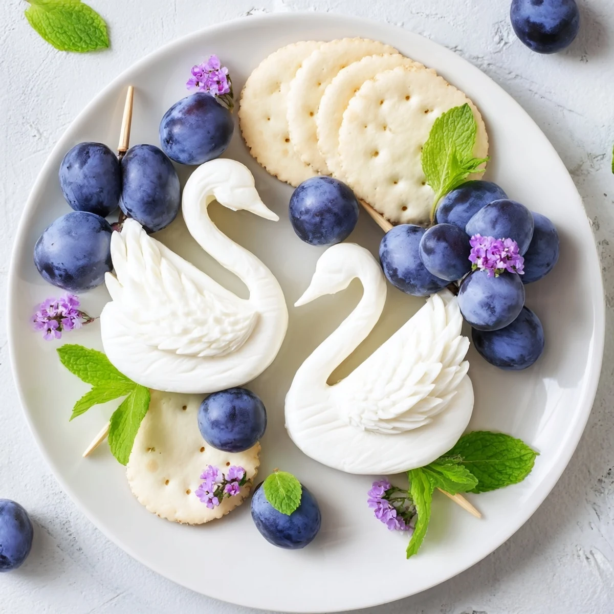 Freshly arranged Elegant Swan Lake Board with crackers, grapes, and two carved swan figures.