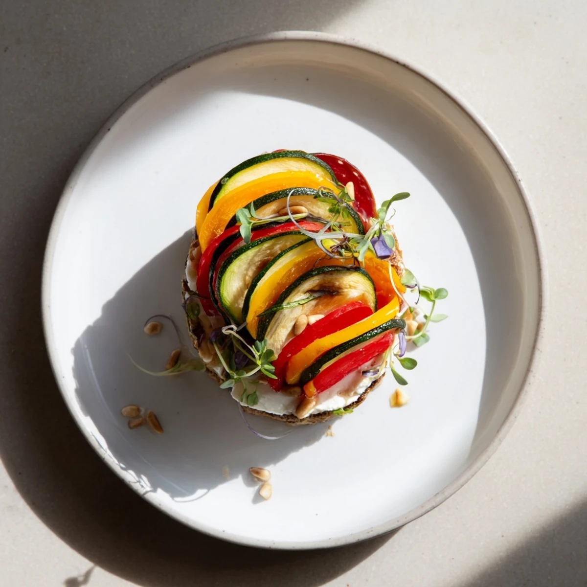 The Snail Shell Spiral features colorful roasted vegetables spiraled around creamy goat cheese, ready to be enjoyed.