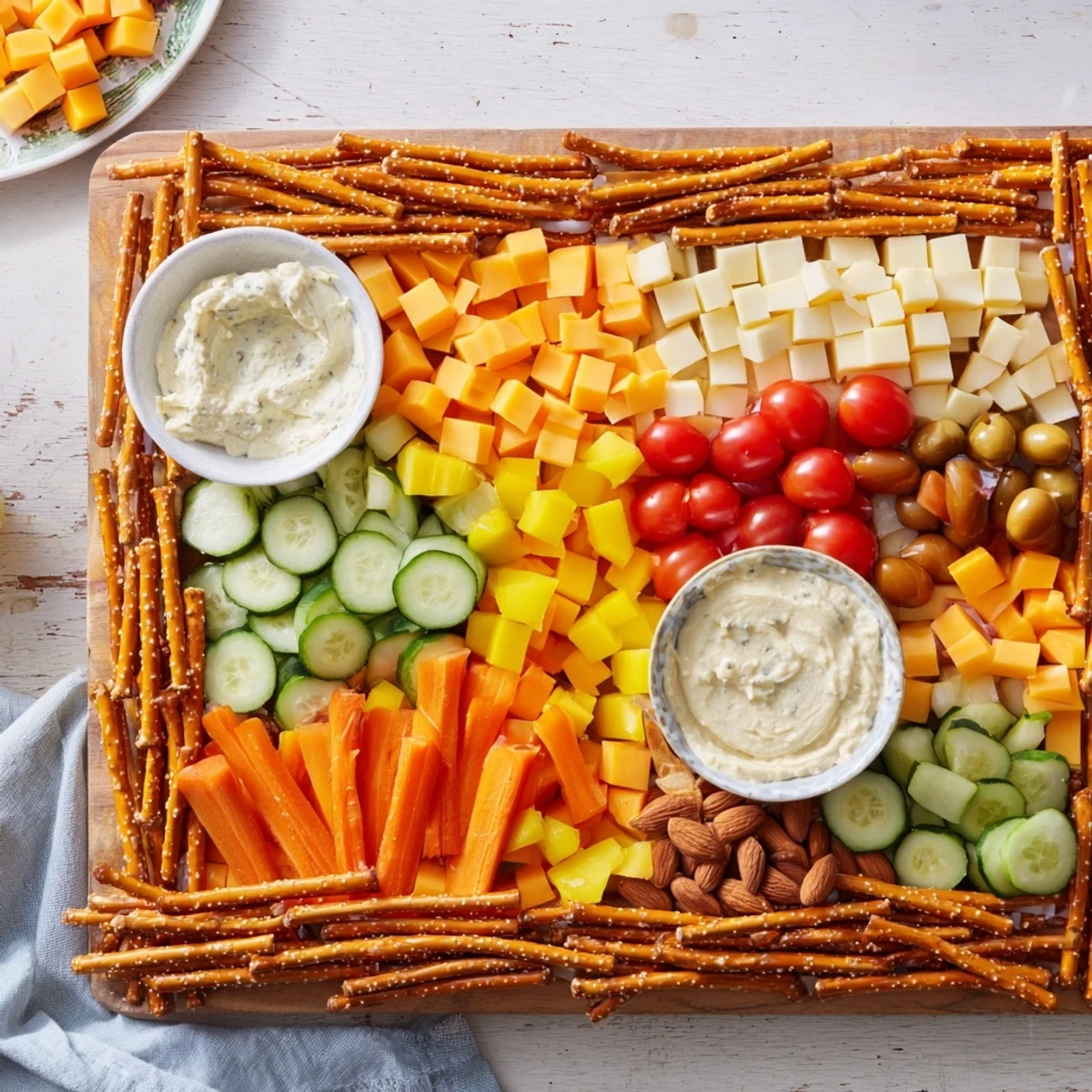 A visually stunning Urban Grid snack platter features cheeses, meats, and colorful veggies arranged like streets.