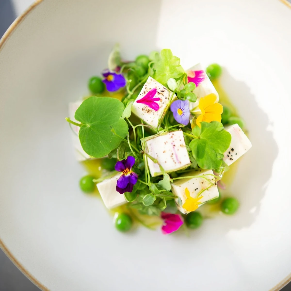 Vibrant The Secret Garden appetizer, showcasing colorful flowers and cheese cubes hidden beneath microgreens.