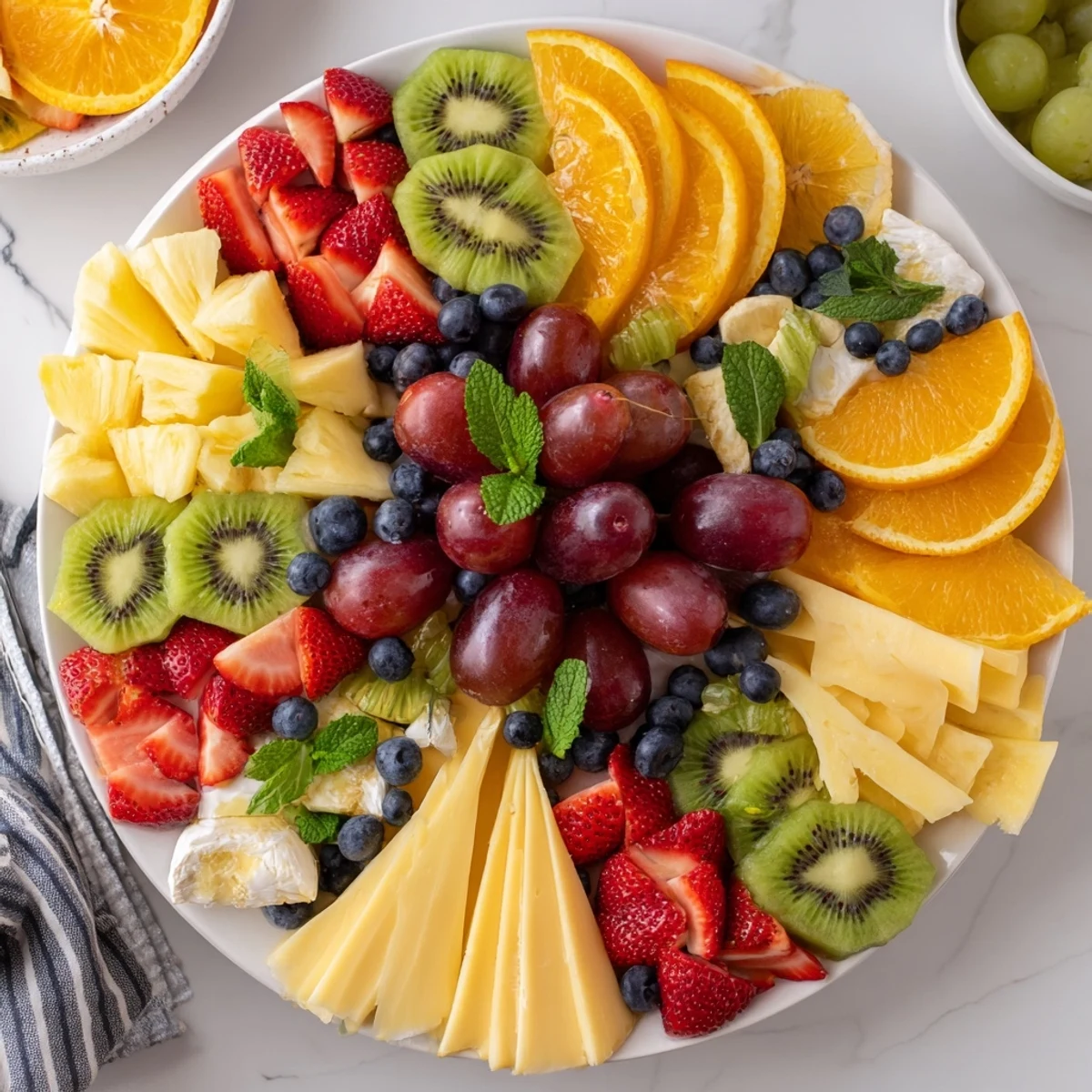 Vibrant Kaleidoscope Circle platter showcasing colorful fruit and cheese wedges, perfect for sharing.