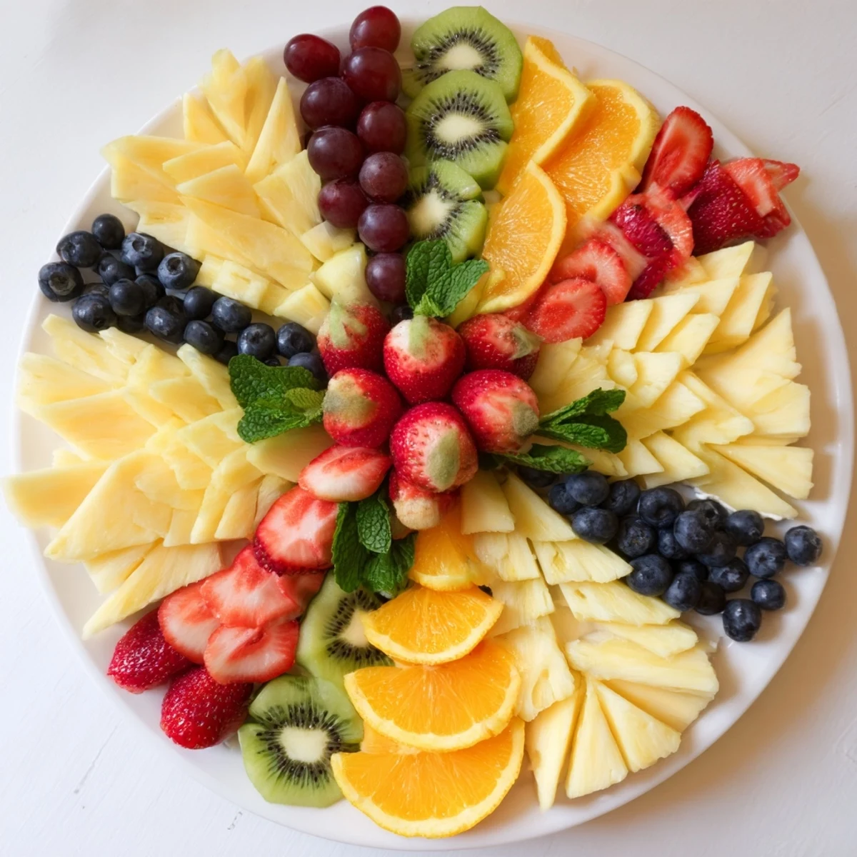 Symmetrical display of a Kaleidoscope Circle, an inviting appetizer with fresh fruit and aged cheddar.