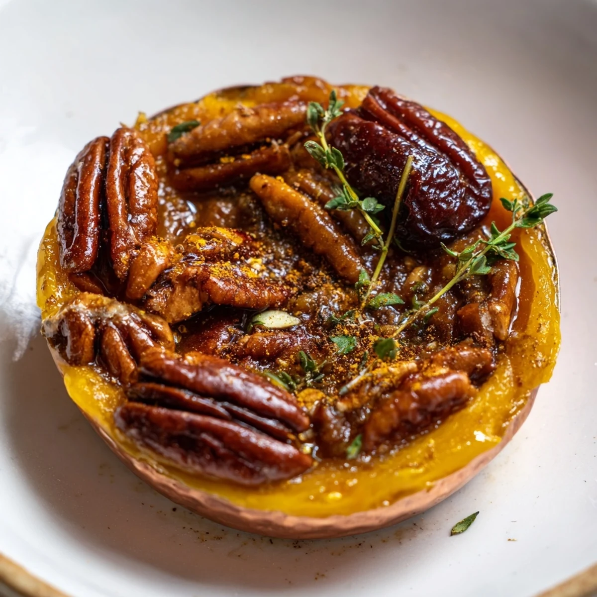 Warm Copper Kettle appetizer with caramelized onions, pecans, and dates, served to impress.